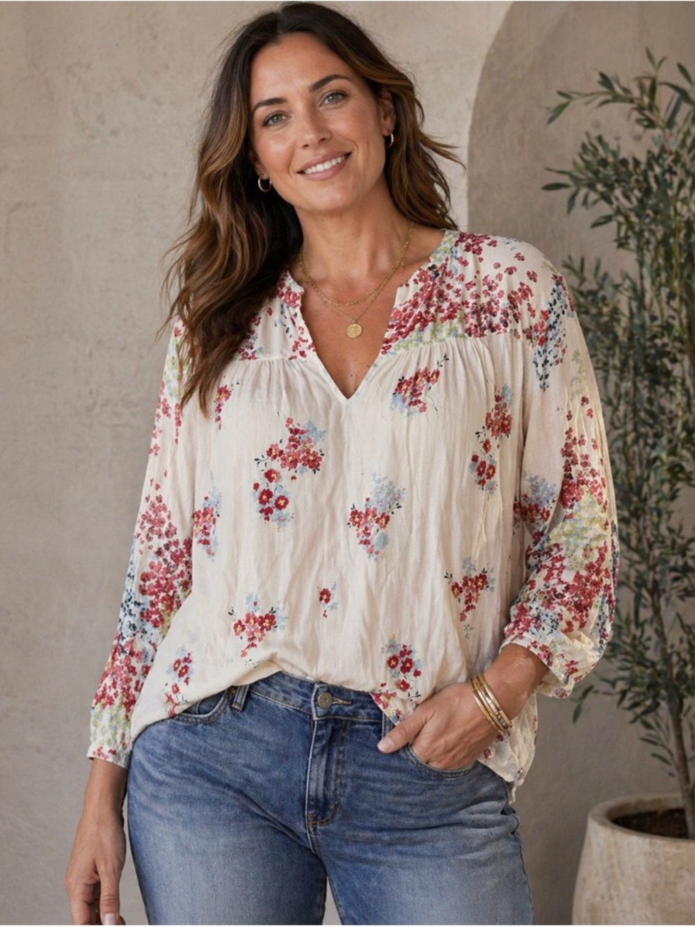 🌈Lucky Brand Cream Floral V-Neck Peasant Blouse